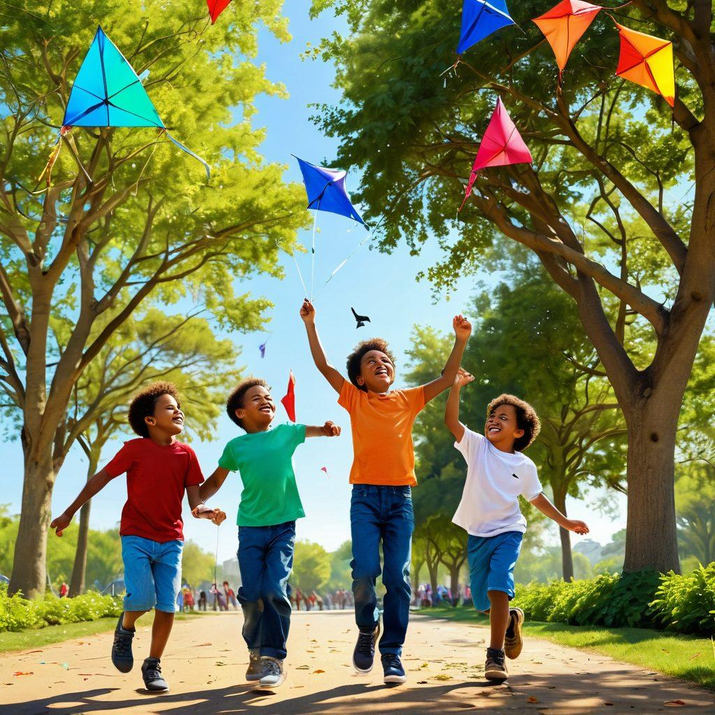 A heartwarming scene of joyful young boys playing together in a sunlit park, surrounded by colorful kites flying high and trees bursting with vibrant green leaves. Their laughter echoes, capturing the essence of childhood bliss. Include elements of friendship, adventure, and the carefree spirit of boyhood. The boys should be of diverse ethnic backgrounds to represent inclusivity. bright colors. super-realistic.