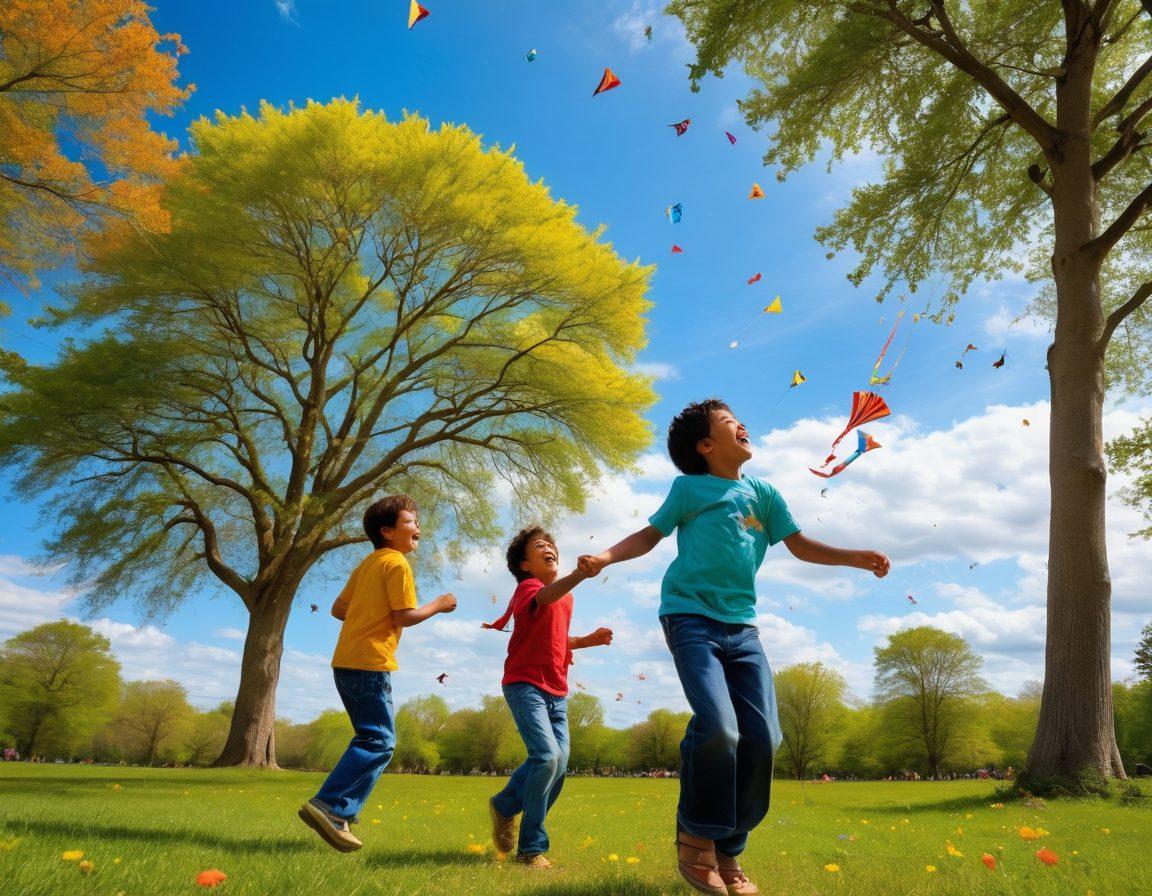 A joyful scene of young boys playing in a sunlit park, their laughter filling the air as they fly colorful kites and chase butterflies. The background showcases blooming flowers and towering trees, with a soft blue sky dotted with fluffy clouds. Capture their boundless energy and the pure happiness radiating from their faces. The image should evoke a sense of nostalgia and warmth. vibrant colors. super-realistic.